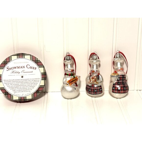 Set of 3 Williams Sonoma Snowman Snowmaids Chef Glass Holiday Ornaments 2009 - Picture 1 of 7
